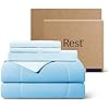 REST® Evercool®+ Cooling Comforter Set, Queen, Light Blue, 4pcs with Cooling Blanket, Wrinkle-Free Deep Pocket Fitted Sheet, 2 Silver-Infused Pillowcases for Skin and Hair Bed Set, for Ultra Comfort