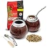 BALIBETOV Set of Two Yerba Mate Gourd and One Pack of 100gr - 3.5OZ of Yerba Mate - Yerba Mate Cup Argentina - 2 Mate Tea Cup, 2 Bombilla, 1 Cleaning Brush, 1 Loose Leaf Yerba Mate bag (DARK BROWN)