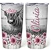 Hyturtle Personalized Gifts For Cow Lover - Birthday Christmas - Highland Cow Print Custom Name Stainless Steel Tumbler 20oz With Straw Lid - Farm Lover Gifts For Her Women Girl Daughter Friend