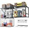 ThreeHio Garage Shelf Wall Mounted with Wire baskets, Heavy Duty Garage Wall Shelving with Garden Tool Rack and Hooks, Wire Shelf Baskets Tool Organizer for Home Garden Garage Organization and Storage