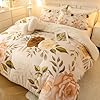LEPMAN Floral Print Sherpa Comforter Set - Queen Size 3 Pieces Elegant Flowers Botanical Bedding Set Warm Cozy Beige 1 Quilt with 2 Pillowcases, 90x90 in