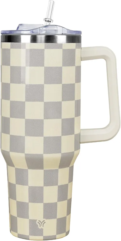 40 oz Tumbler with Handle and Straw Lid | Vacuum Insulated Leak Proof Tumbler | Stainless Steel Water Bottle Cup Gifts for Dads Moms Women Men Him Her | Cream Checkered
