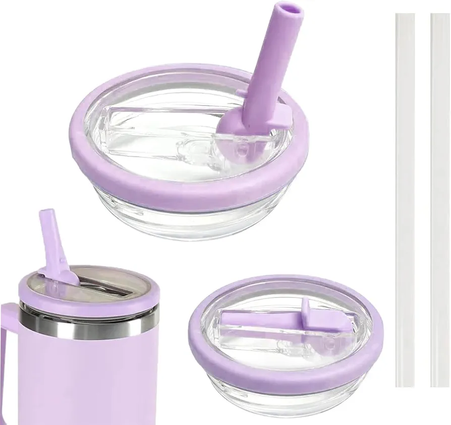 2Pcs 40 OZ Tumbler Flip Straw Lid Replacement Fit for Stanley Quencher Tumbler, Spill Proof and Leak Resistant Tumbler Lids Compatible with Stanley Cup Accessories (Purple)