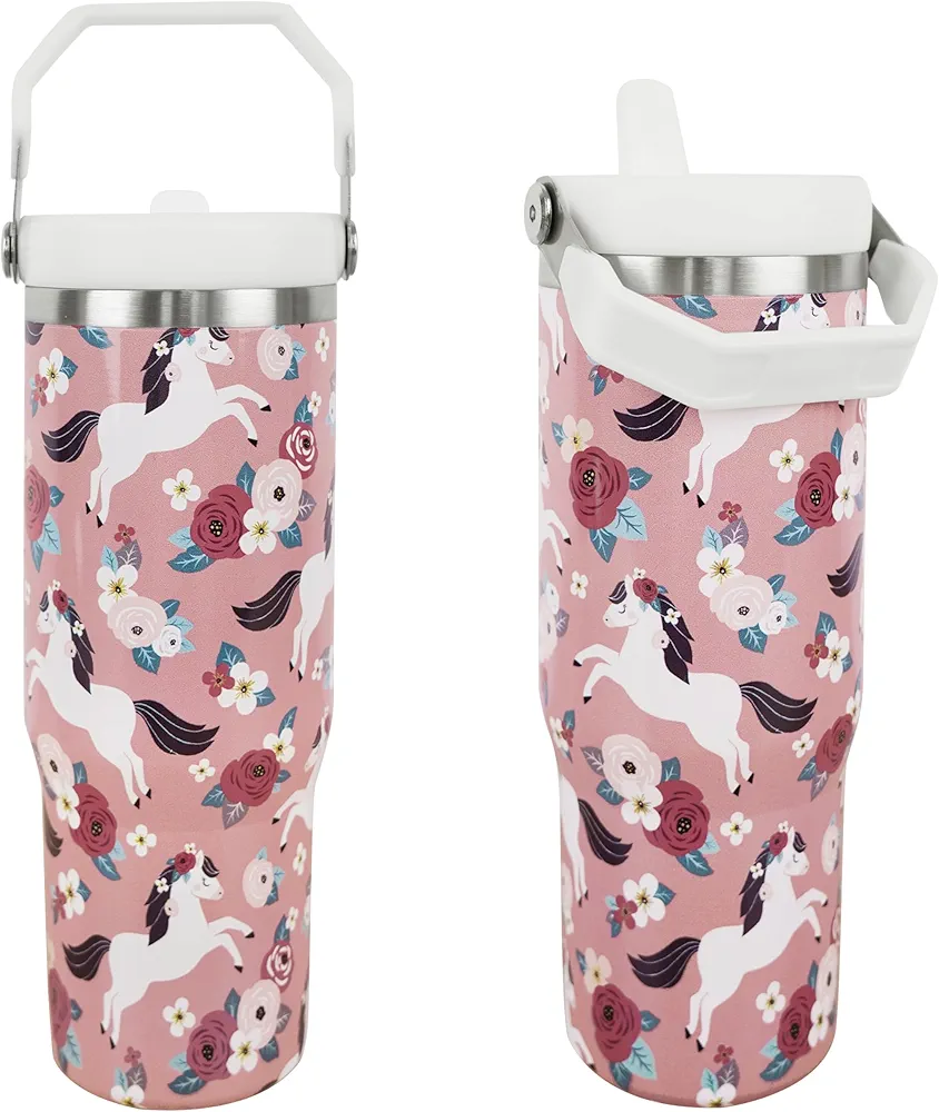 Horse Tumbler with Handle and Straw, 30oz Horse Tumbler Gifts for Women Girls Horse Lovers, Stainless Steel Insulated Water Bottle Coffee Travel Mug Cup Easy for Carry