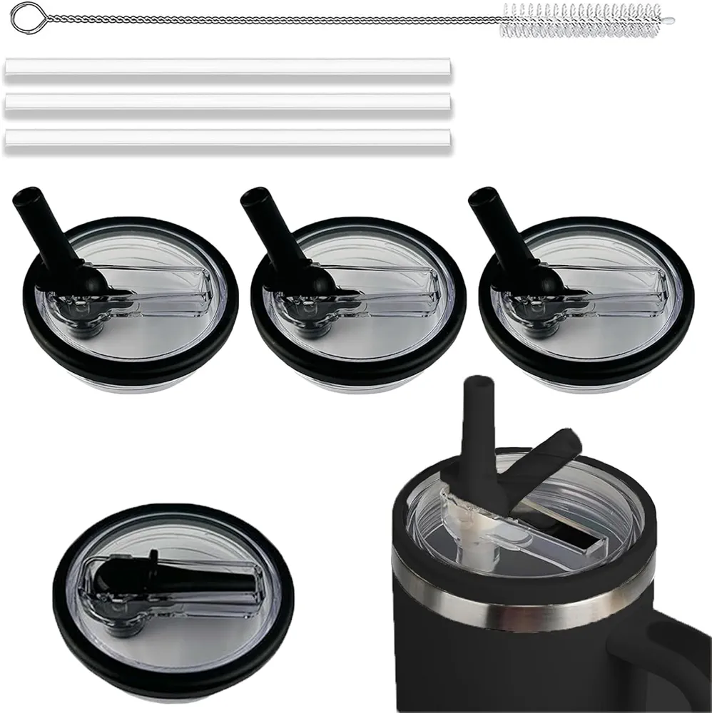 Tumbler Flip Straw Lid Compatible with Stanley 40 OZ Quencher Tumbler, Spill Proof Tumbler Cover Splash Resistant Replacement Lids Fit for Stanley Cup Accessories, BPA-Free & Reusable (Black-3Pcs)