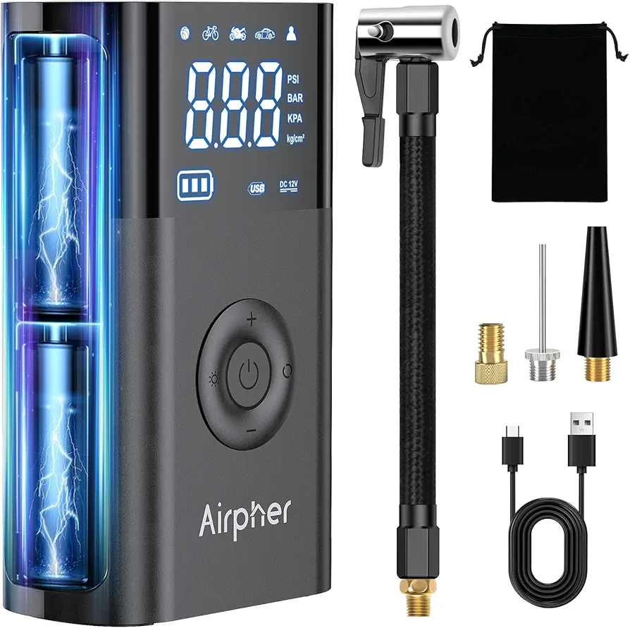 Tire Inflator Portable Air Compressor, Airpher Inflator Pump for Car Tires w/Digital Tire Pressure Gauge, 2.5X Faster Inflator 150PSI Cordless Electric Tire Inflator for Car Bike Motorcycle, Ball