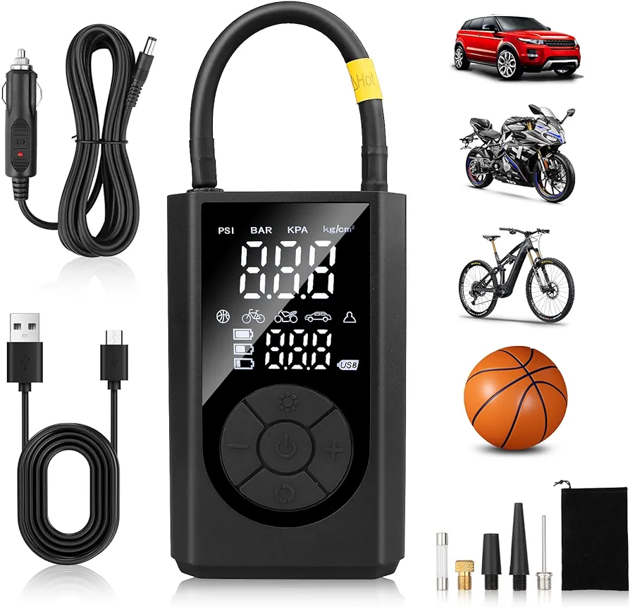 Tire Inflator Portable Air Compressor, Faster Inflation & Cordless Tire Smart Air Pump with Dual Screen Digital Pressure Gauge(150 PSI)/LED Light/Power Bank for Car, Motorcycle, Bike, Ball