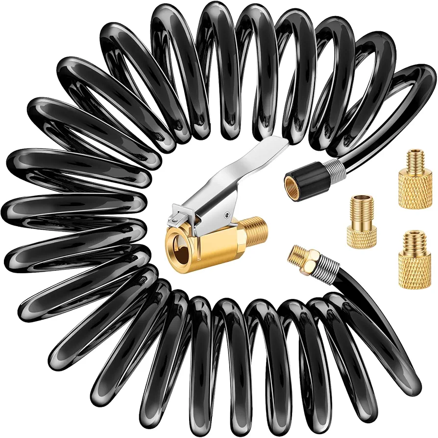 9.8 FT Extension Recoil Air Hose Adapter, Clip-On Air Chuck w/Presta Valve Adapter & Flexible PU Hose for Air Compressor Attachments, Tire Inflator Pump Air Hose Nozzle for Car Motorcycle