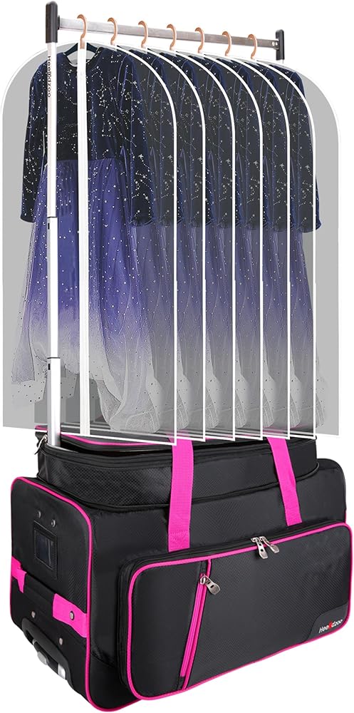Dance Bag With Garment Rack,Dance Costumes Rolling Garment Bags For Travel,Garment Duffle Bag For Dance Competition, Wheeled Drop-Bottom Upright Luggage Closet Suitcase (23inch-Plus-Pink)