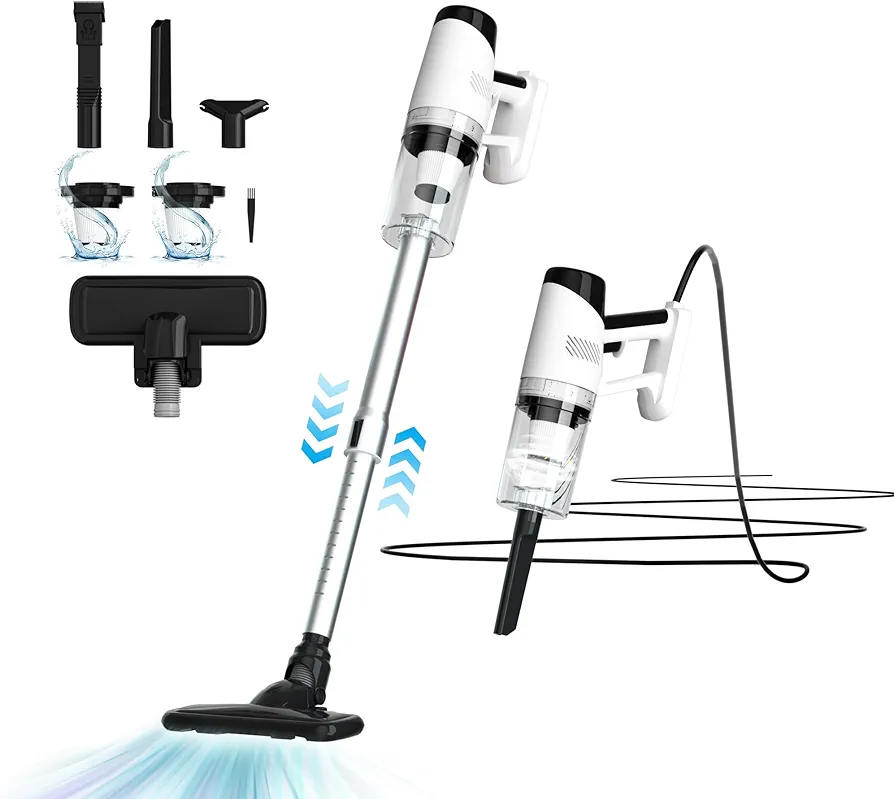 Corded Stick Vacuum, Long Power Corded Vacuum, Powerful Suction Lightweight Small Vacuum Cleaner, 8 in 1 Convenient Handheld Vacuum for Pet Hair Hard Floor Quick Cleanups