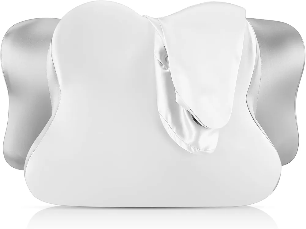 Cervical Neck Pillowcase (Only Pillowcase) Satin Pillowcase with Zipper Ergonomic Pillowcase Contour Pillow Case Cover for Side Back Stomach Sleepers (White and Gray,Queen Size)