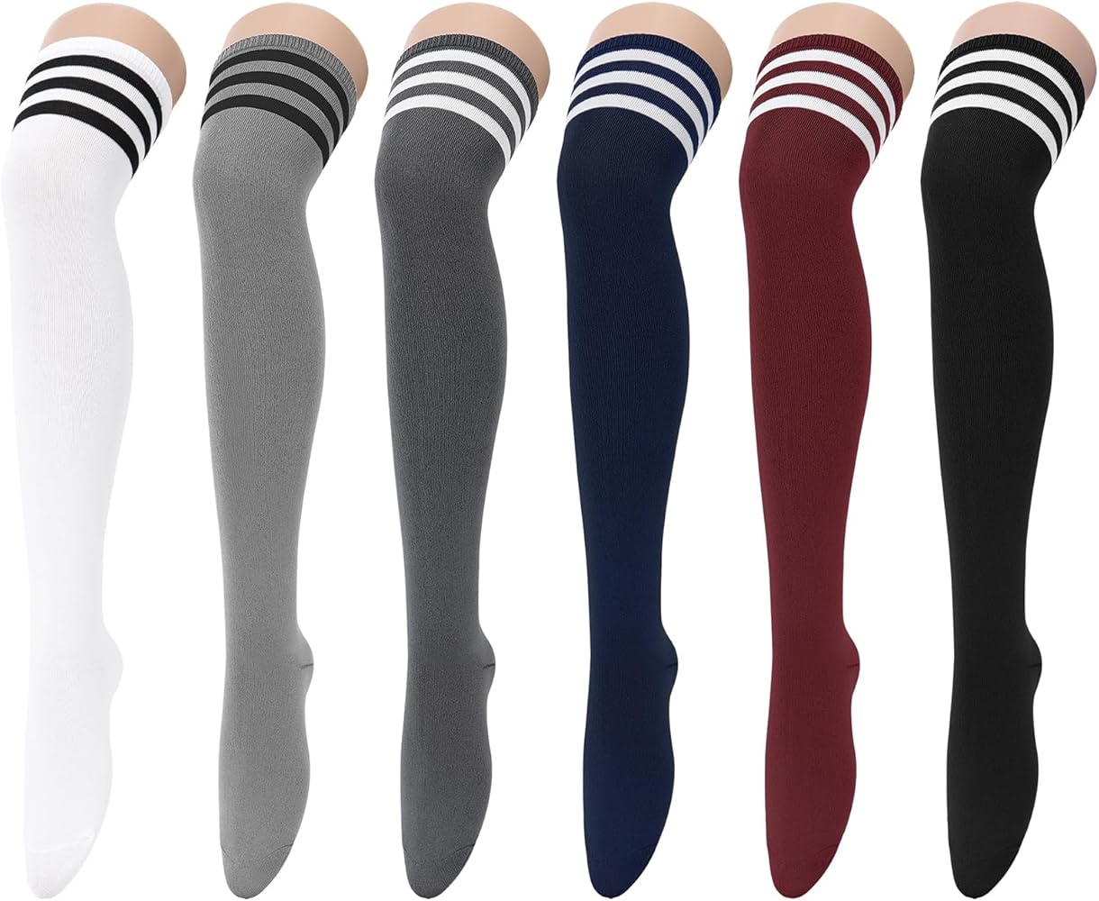 Century Star 6 Pairs Thigh High Socks for Women Triple Stripe Long Over the Knee High Socks Thigh Highs Leg Warmer Stockings