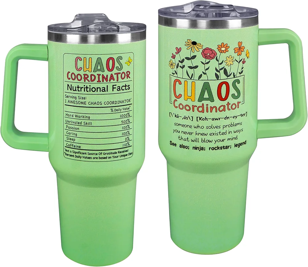 Chaos Coordinator Tumbler Steel with Handle and Straw Ice Flow Flip Tumbler 40 oz, Tumbler with Funny Words Insulated Water Bottle, Meaningful Gifts for Friends/Office Coworkers/Boss/Teachers