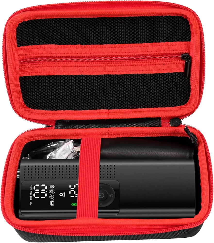 Case for Airmoto Tire Inflator Portable Air Compressor Case,120 PSI Air Pump Case,Car Tire Pressure Gauge (150 PSI) Storage Bag, Air House, Connector and Accessories (Box Only)-(Black+Red zipper)