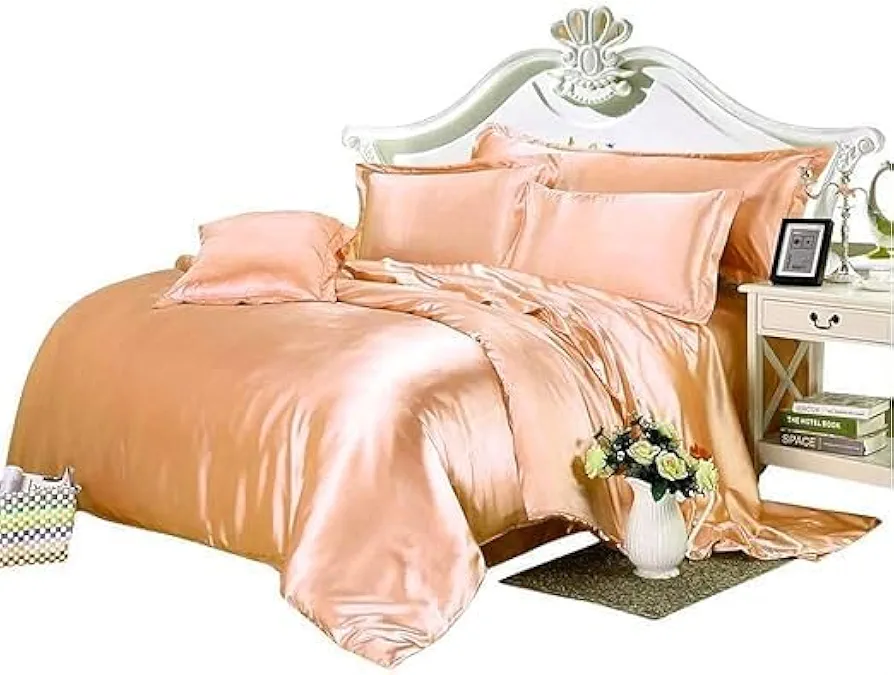 Over Size King 100% Silky Satin 5PCs Comforter Set 600 GSM with Sheet Set (Comforter + Fitted 19"+ Flat + 2 Pillow Case) Peach