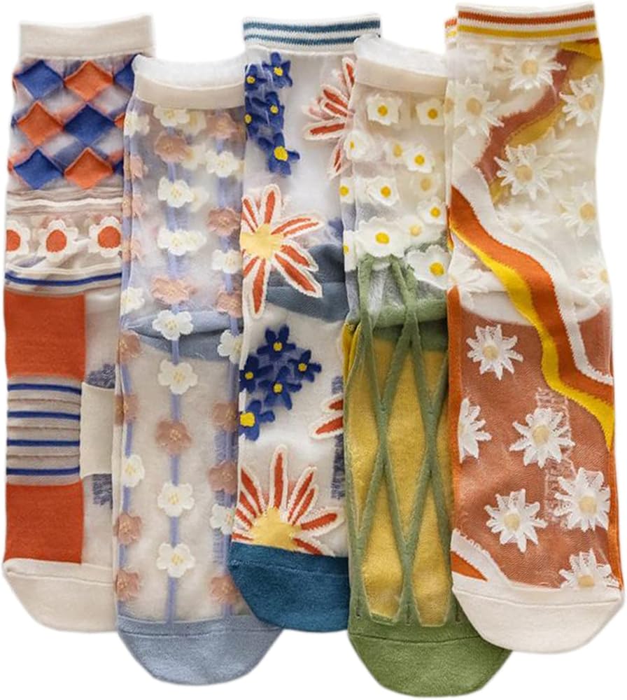 Womens Sheer Socks Fashion Floral Summer Transparent Thin Mesh Lace Elastic Jacquard Crystal Glass Socks