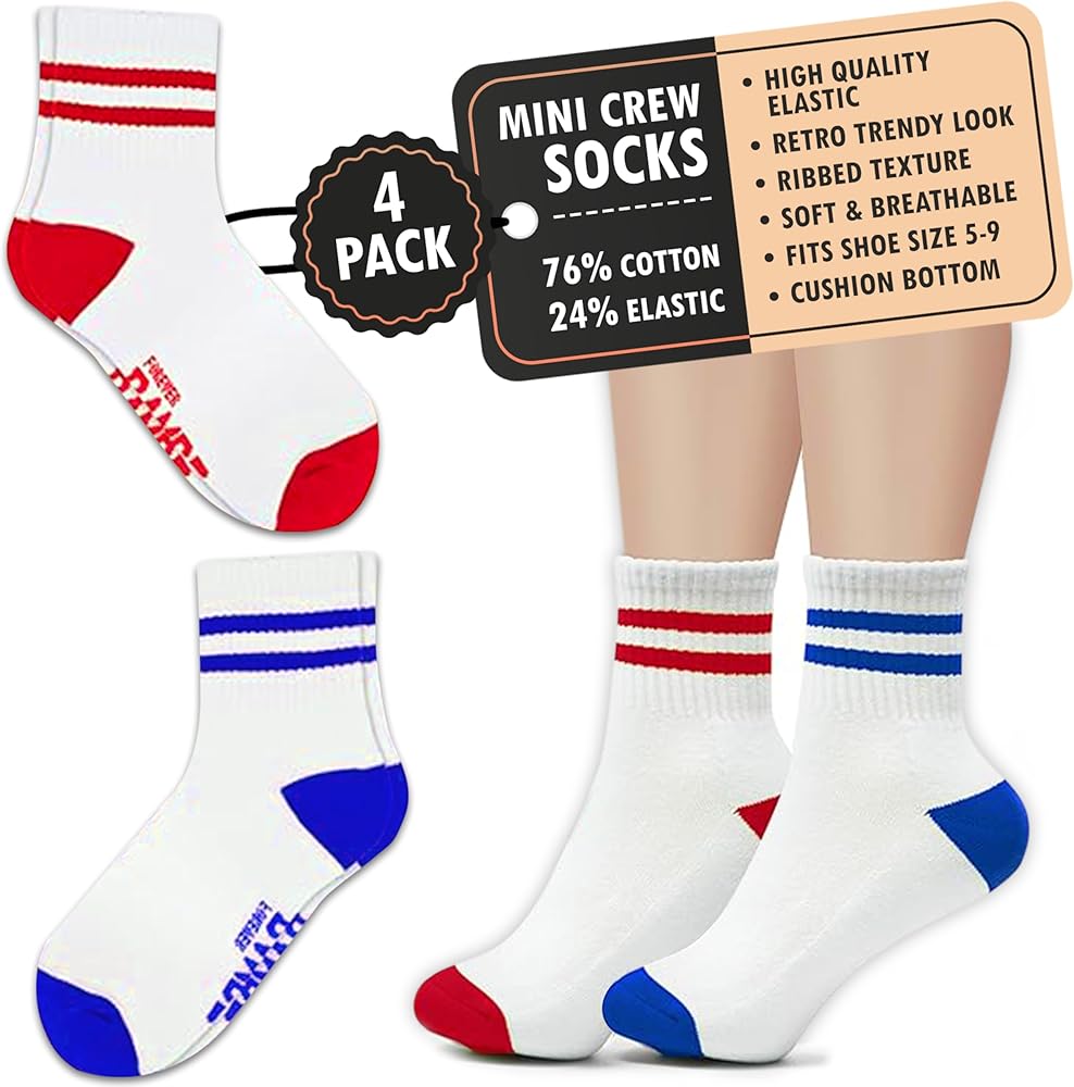 Mini Crew Socks for Women 4-Pack Cushioned Bottom retro Striped Socks,Athletic Quarter Socks Womens Crew Socks