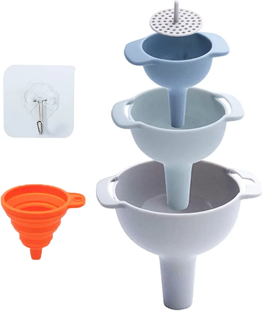 WAFJAMF Kitchen Funnel Set of 3, Nested Funnels with Handle, Food Grade Plastic Funnels, Removable Strainer Filter for Liquid Fluid Dry Ingredients and Powder Transfer