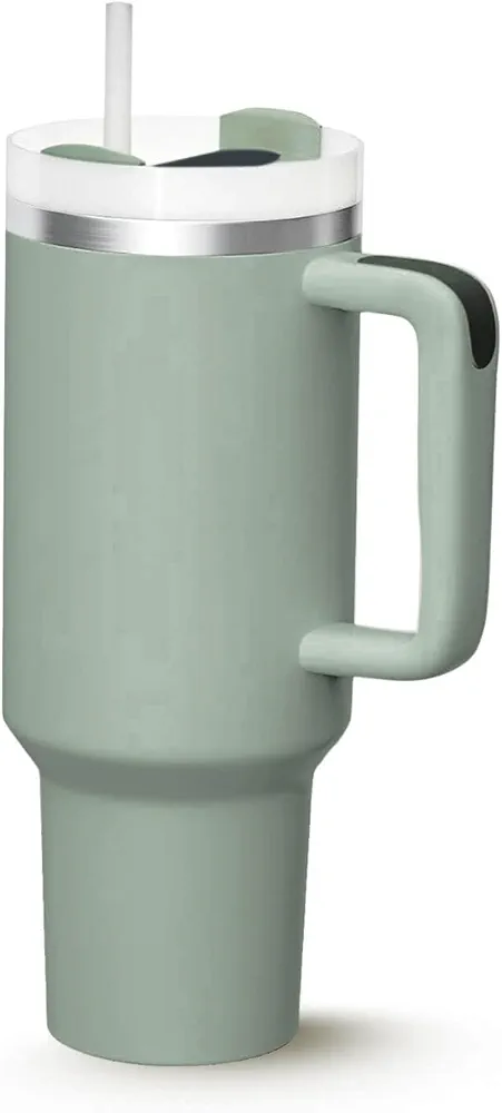 Insulated 40 oz Tumbler With Handle and Straw Lid Double Wall Stainless Steel Water Bottle Cup Reusable Travel Mug BPA Free Durable for Iced Tea Coffee Gift (BayLeaf)