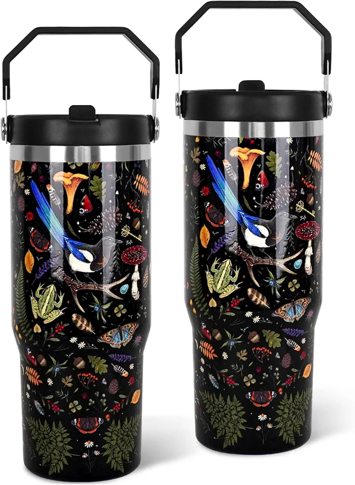 Gothic 30 oz Halloween Tumbler with Top Handle Flip Straw Lid,Leak Proof,Mushroom Boho,Woodland Bird Butterfly Stainless Steel Vacuum Insulated Travel Coffee Mug,Goth Gifts for Women Men,Dark Forest