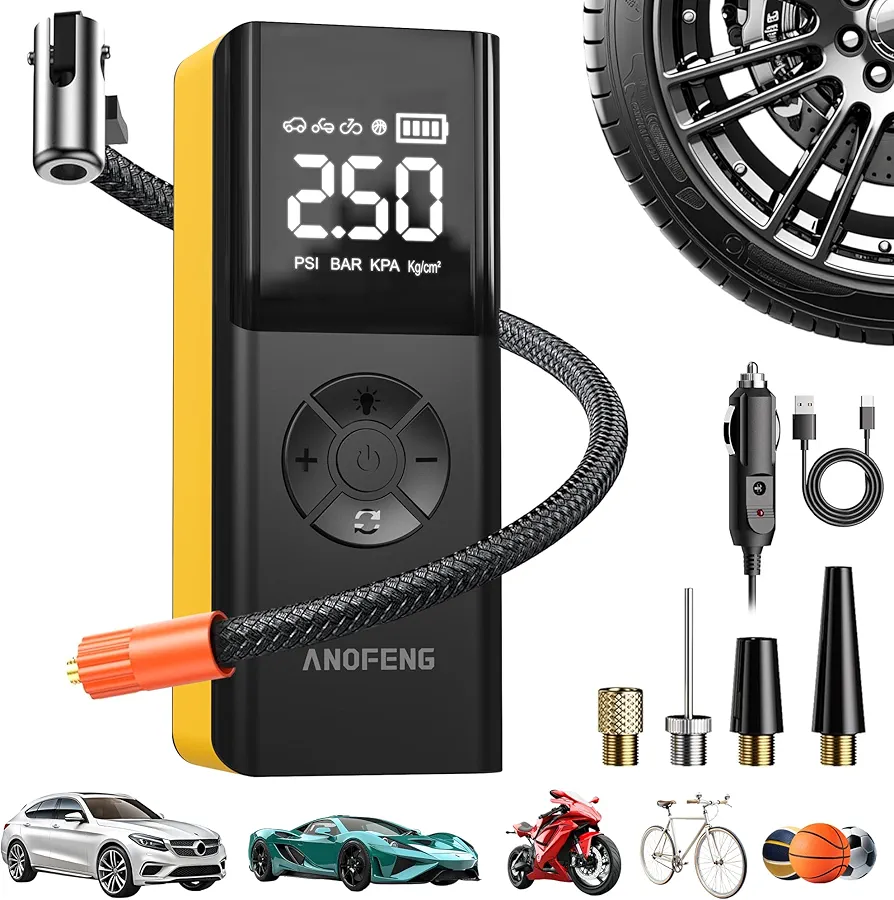 Tire Inflator Portable Air Compressor Cordless Bike Pump with Digital Dual Values Display,18000mAh & 150PSI Air Pump for Vehicle, Motorcycle, Bike, Ball,Dual-Use Type(DC Socket) LED Lights