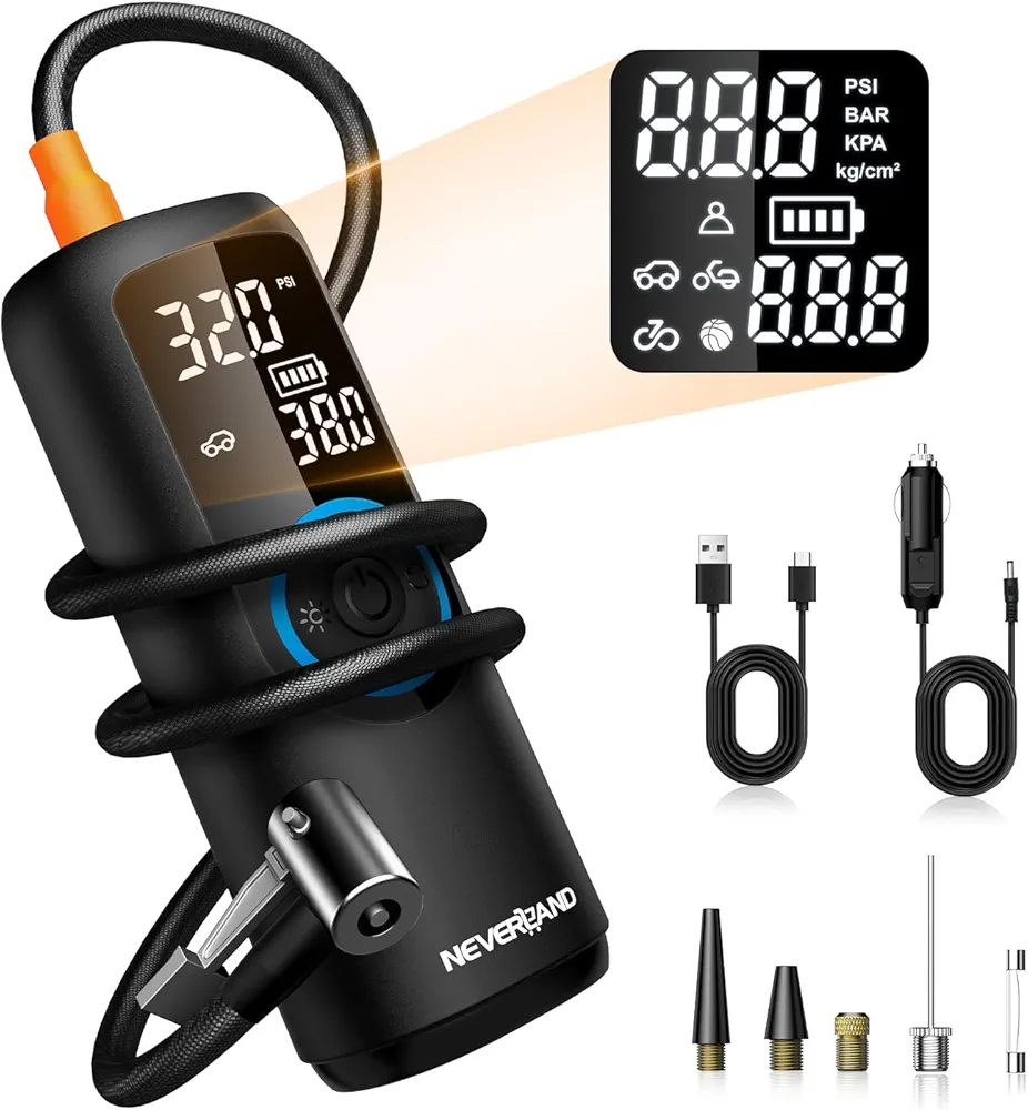 NEVERLAND 6000mAh Tire Inflator Portable Air Compressor, Air Pump with Digital Gauge Dual Lighting, Electric Pump for Car Ball Motorcycle Bike Phone Charging 150PSI DC 12V (Blue)