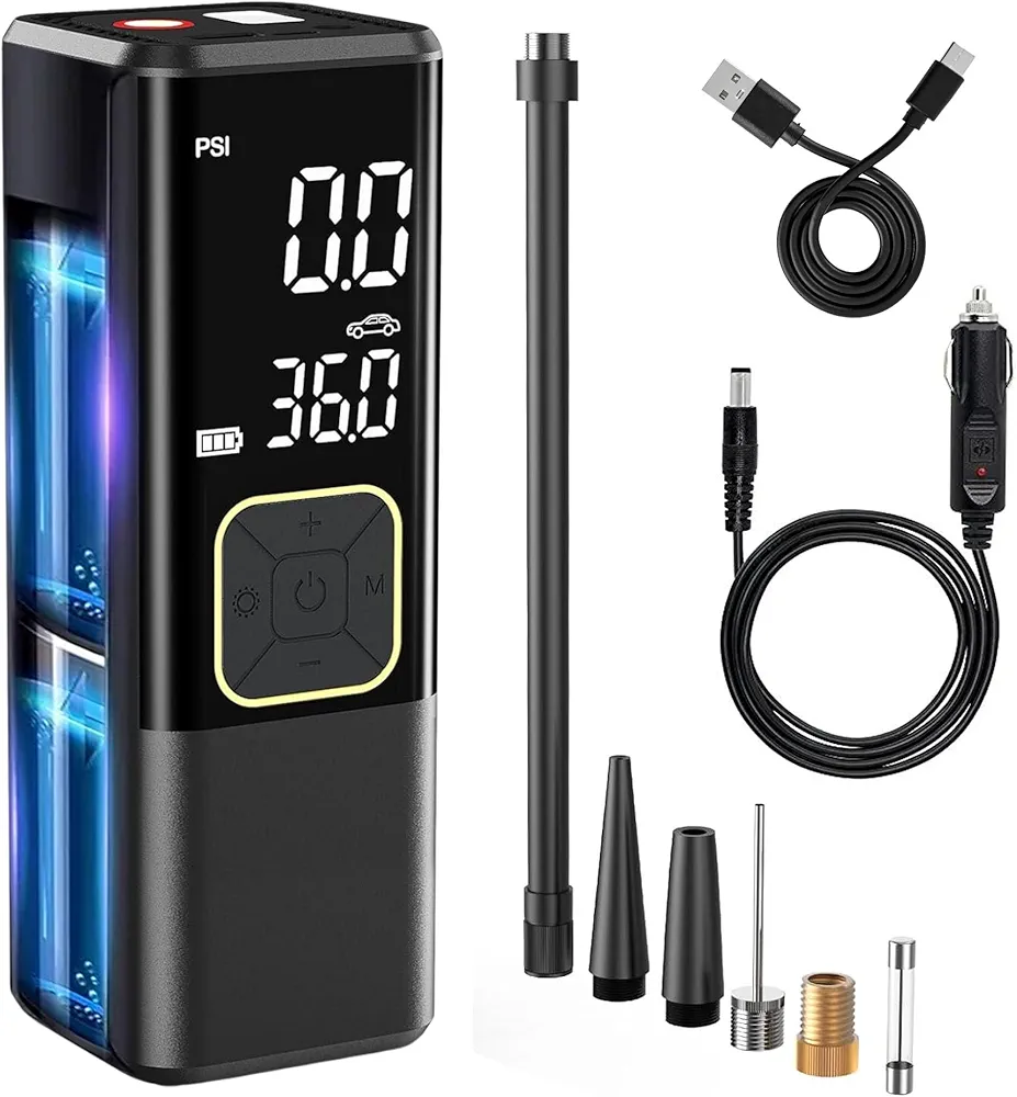 Tire Inflator Portable Air Compressor for Car - 150PSI Portable Tire Inflator with Digital Gauge, Cordless with Auto-Shutoff and 12V Car Power Adapter, Air Pump for Car Tires, Bicycle, Motorcycle