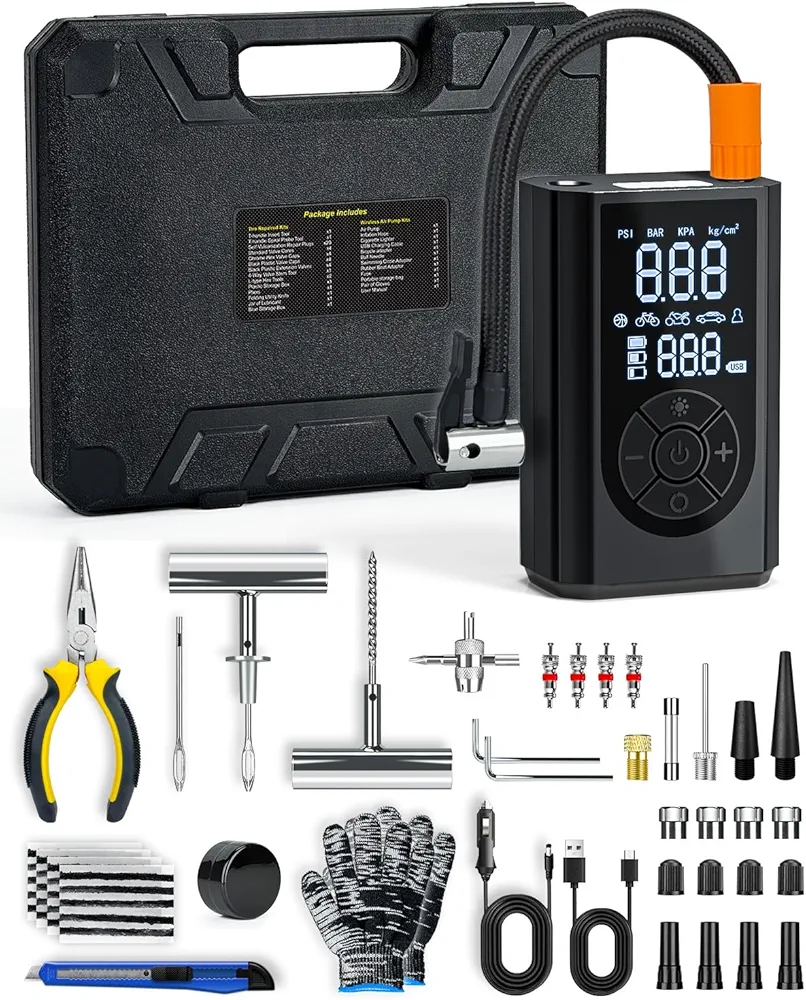 Tire Repair Kit with Portable Air Compressor, Tire Plug Kit 58PCS with Cordless Tire Inflator (150 PSI) for Car, Motorcycle, Tractor, Truck, Ball
