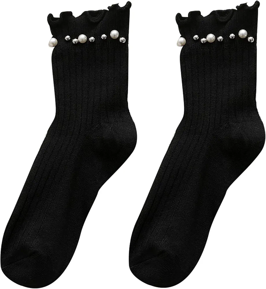 Women Ribbed Cotton Socks with Pearls Beaded Ruffled Trim Solid Hosiery Black