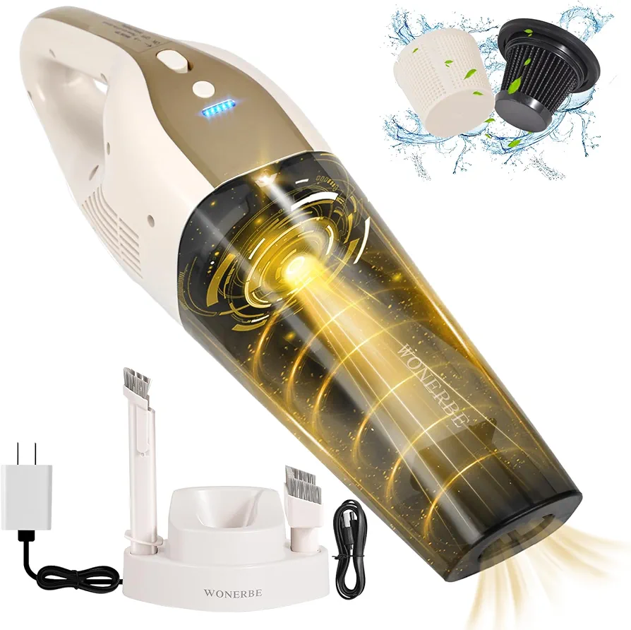 Handheld Vacuum,Car Hand Vacuum Cleaner Cordless with Two Charging Cables,10000PA Hand Vacuum Small Portable Vacuums,Mini Rechargeable Vacuum Cleaner with 2 Filters&LED,Fast Charging Dock