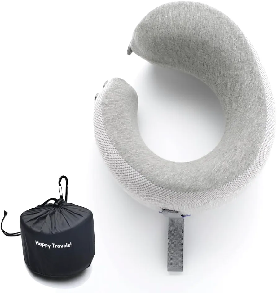 Cushion Lab Travel Pillow, Award-Winning Patented Ergonomic Design for Chin & Neck Support Memory Foam Neck Pillow, Compact Airplane Pillow for Traveling, Flight, Car (Gray, Medium)