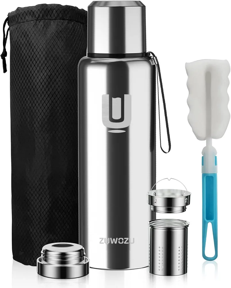 Insulated Water Bottle with Sleeve & Strap, Double Walled Vaccum Water Jug, 18/10 Stainless Steel Water Bottles for Coffee, Tea (Silver, 32oz)