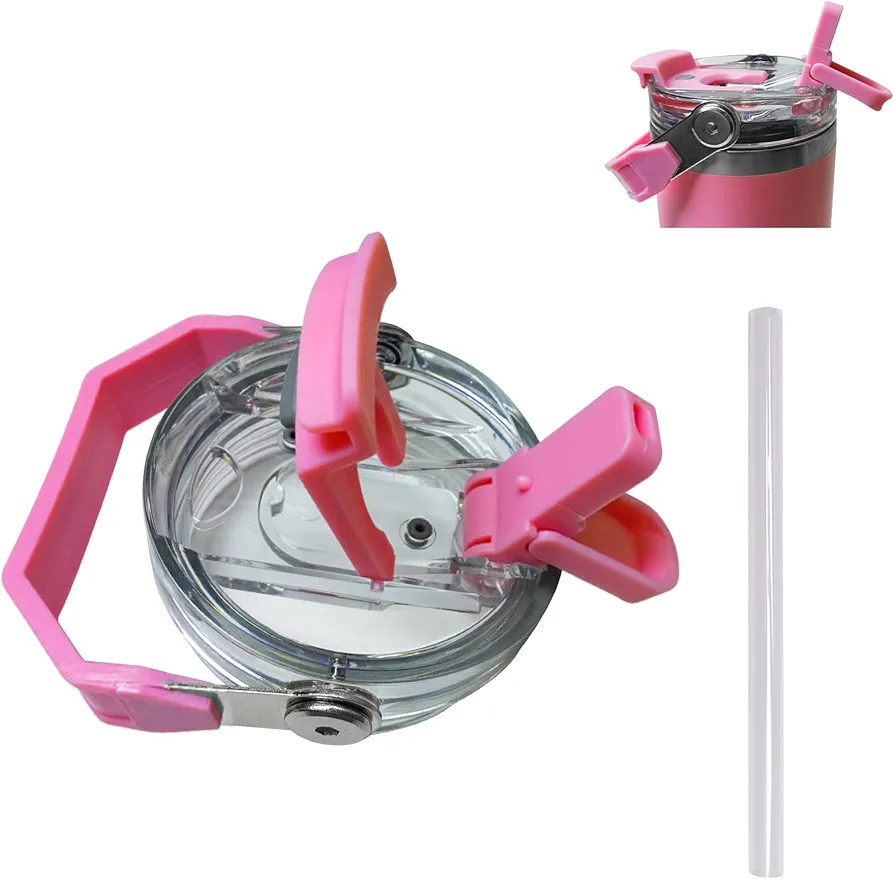 Replacement Lid for Stanley IceFlow 20oz 30oz Spill Proof Tumbler Cover with Handle & 2-in-1 Flip Straw Spout (Clear lid Pink)