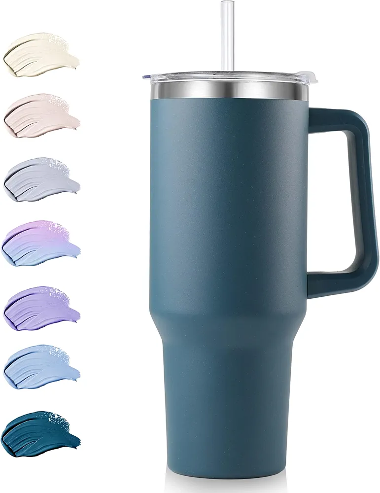 40 oz Tumbler with Handle and Straw, Insulated Stainless Steel Tumbler with 2 In 1 Lid, Double Vacuum Travel Mug Coffee Cup, Deep Ocean Pack 1