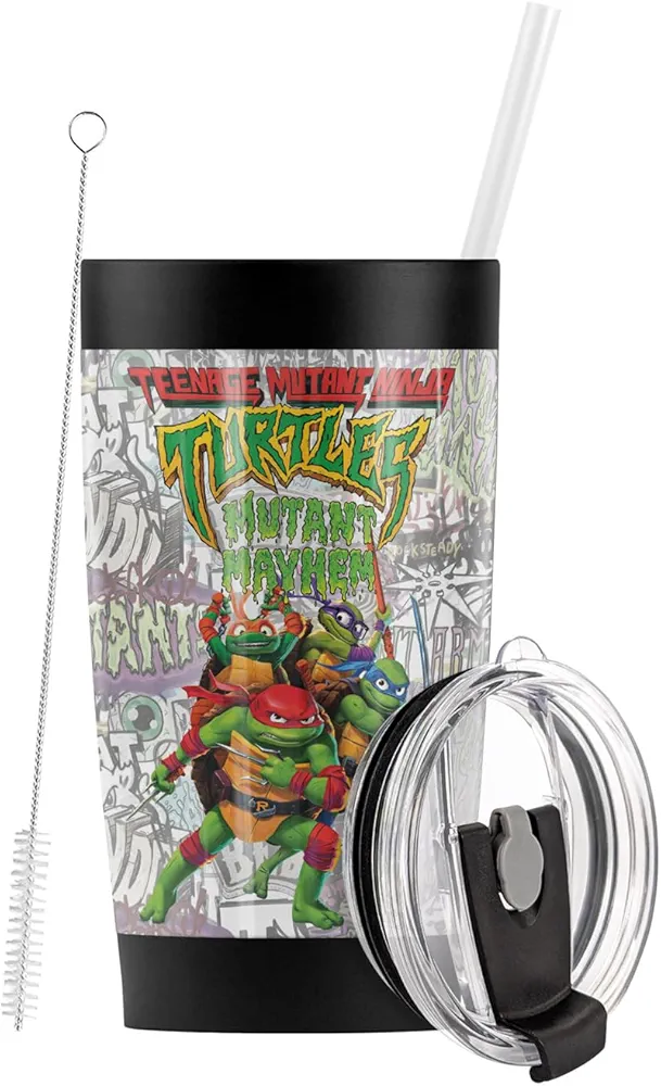 Teenage Mutant Ninja Turtles: Mutant Mayhem OFFICIAL Logo And Turtles Stainless Steel Tumbler with Straw and Flip Lid 20 oz Travel Mug/Cup, Vacuum Insulated & Double Wall with Leakproof Dual Lid