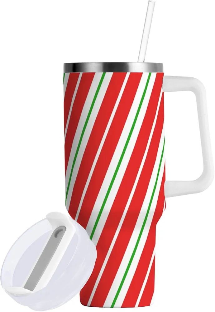 Christmas Candy Cane Striped Insulated Tumblers Reusable Stainless Steel Tumbler 40 oz Cup Coffee Travel Mug Water Bottle with Handle & Flip Straw for Home Office Car