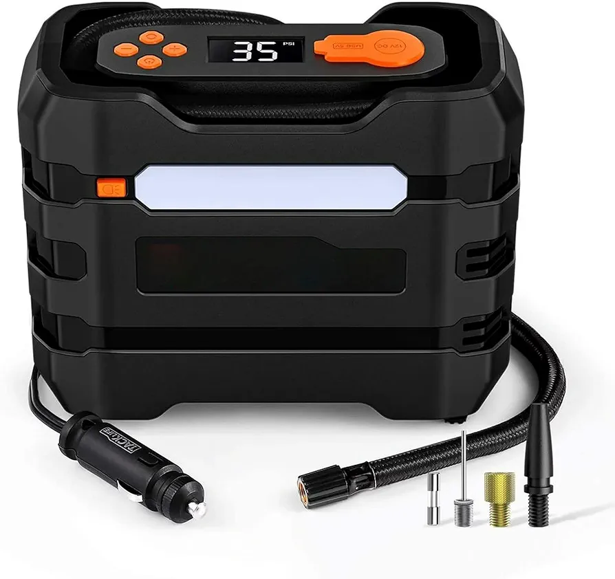 Car Tire Inflator, 12V DC Air Compressor w/ 3 LED Light Modes - Orange