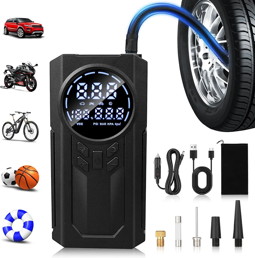 Tire Inflator Portable Air Compressor - DC 12V Dual Power Smart Air Pump for Car Tires with Digital Pressure Gauge (150PSI) for Cars, Motorcycles, Bikes, Balls, Swim Rings, etc.
