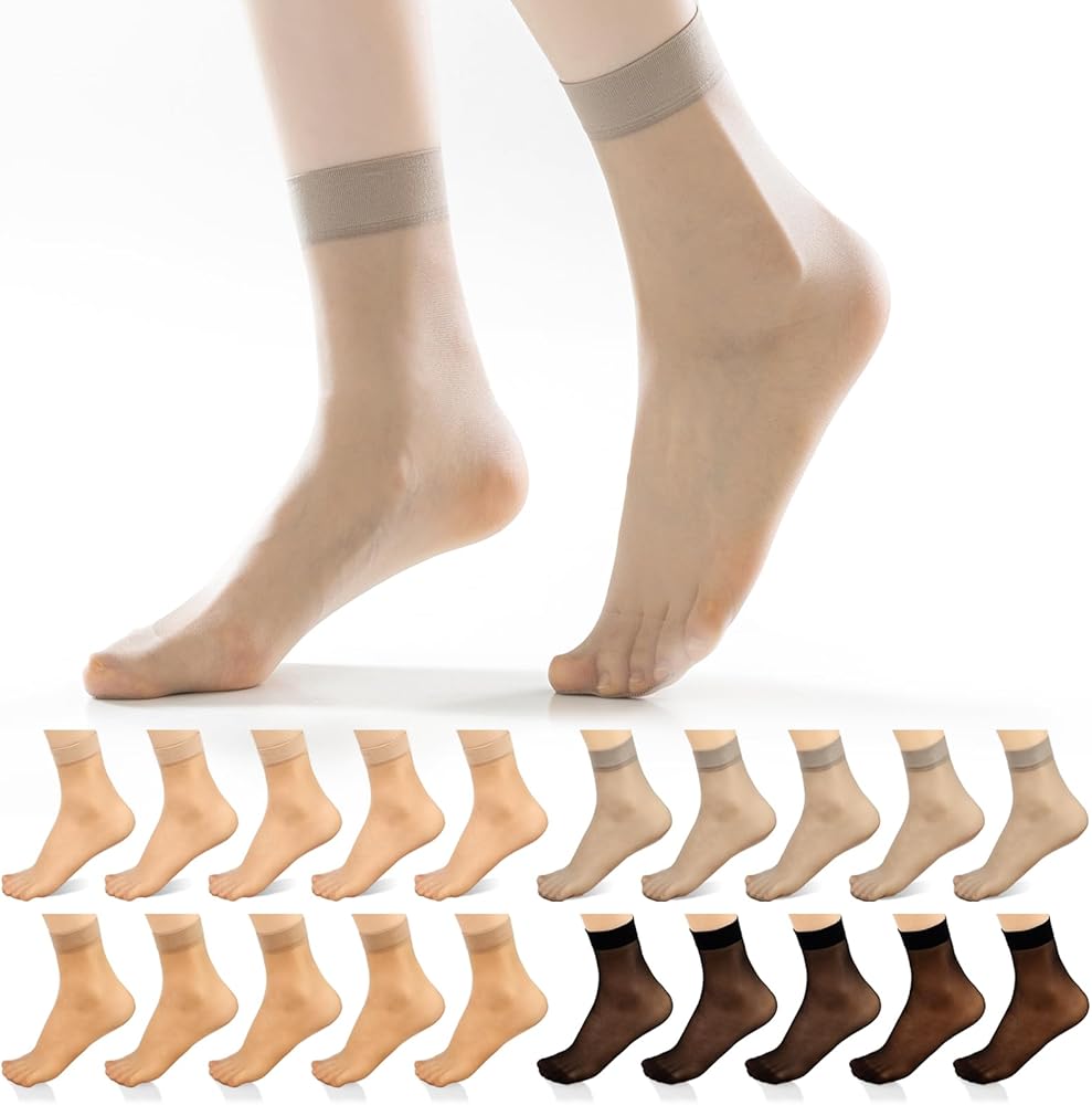 20 Pairs Women's Sheer Socks Ankle High Nylon Socks 5D Ultra Thin See Through Cool Soft Short Dress Stockings Nude Black Hosiery for Girls