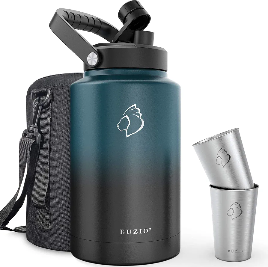 BUZIO One Gallon Vacuum Insulated Jug, 18/8 Food-Grade Stainless Steel 128oz Water Bottle Beer Growler Comes with Two Stainless Steel Cups Thermo Canteen Mug, Indigo Crush