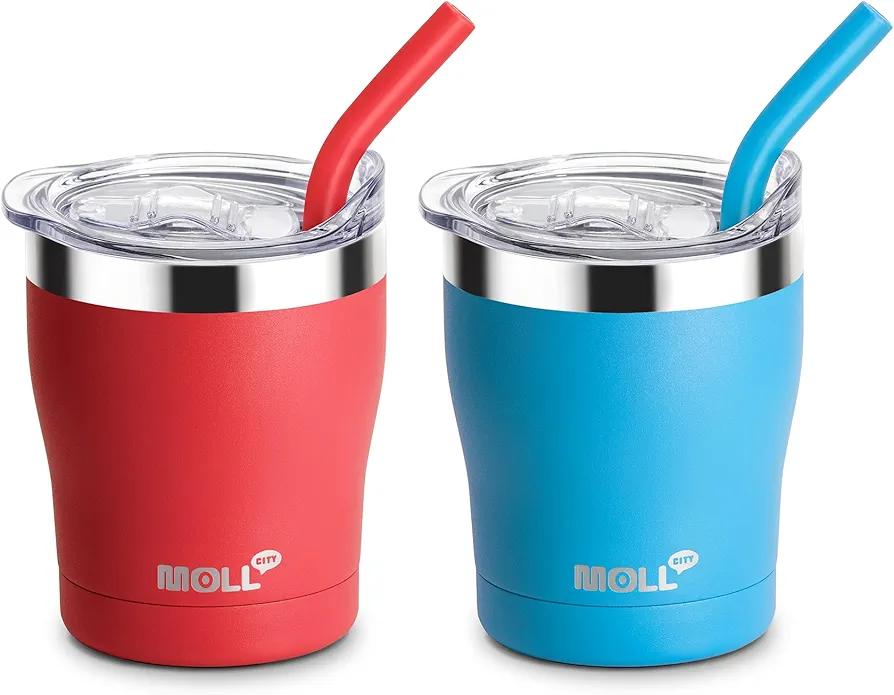 Kids Tumbler with Straw-2 Pack Stainless Steel Double Wall Vacuum Insulated Tumbler Cup with Spill Proof Lid, Sweat-Free (Canyon Red-Sky Blue)