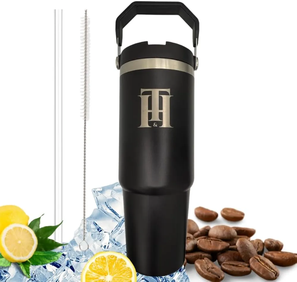 T&H Tumbler with Straw,Double Wall,Stainless Steel Tumbler with Straw,Vacuum Insulated Water Bottle for Home,Office,Sport or Car,Reusable Cup with Straw Leak Resistant Flip (Black)