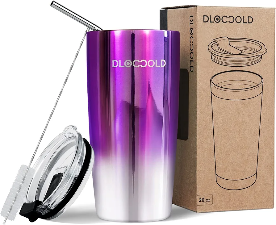 DLOCCOLD 20 oz Tumbler with Lid and Straw, 18/8 Stainless Steel Vacuum Insulated CoffeeTumbler,Insulated Travel Mug Water Cup with Leak-Proof Flip Lid,Metal Straw,Cleaning Brush & Gift Box