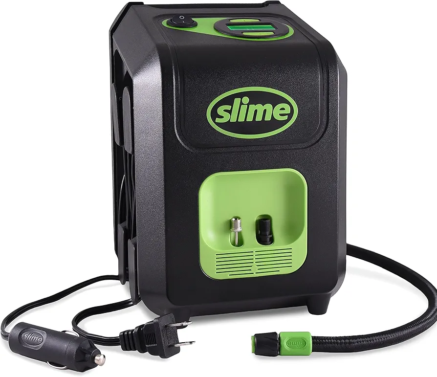 Slime 40052 Tire Inflator, Portable Car and Home Plug, SUV, 4x4 Air Compressor, Inflate Right automatic shut off, with Digital 99 psi Display, Dual Cord Storage, LED Light, 12V, 120V, 6 min inflation