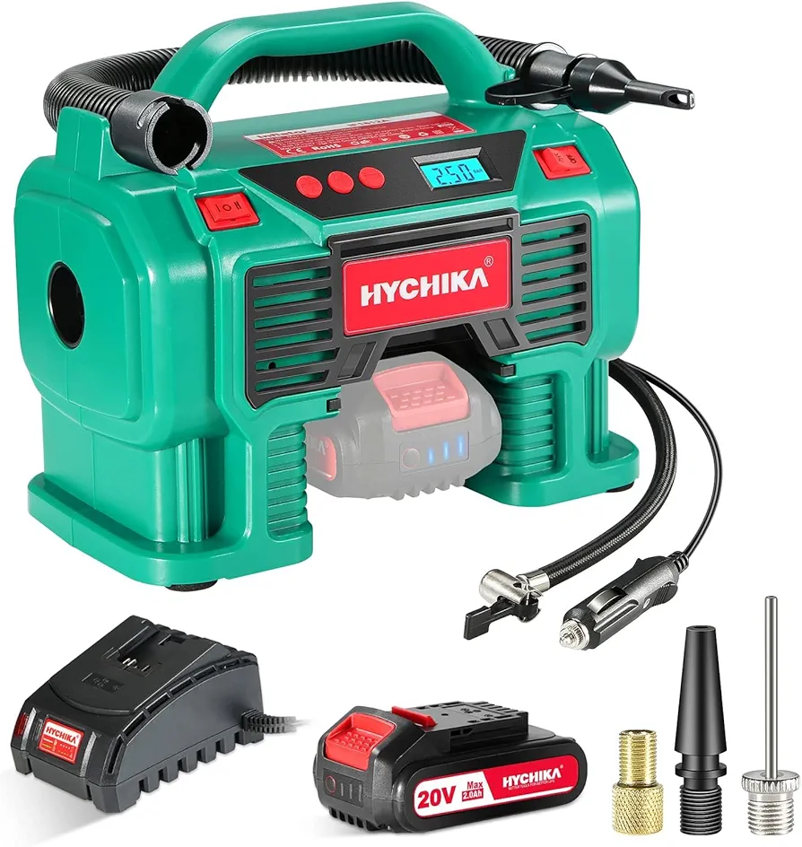 Tire Inflator, HYCHIKA Portable Air Compressor Pump 160PSI 20V Battery & 12V DC Dual Power Supply with LED Light, Pressure Gauge for Car Bike Inflatables -Charger & 2.0Ah Battery Included