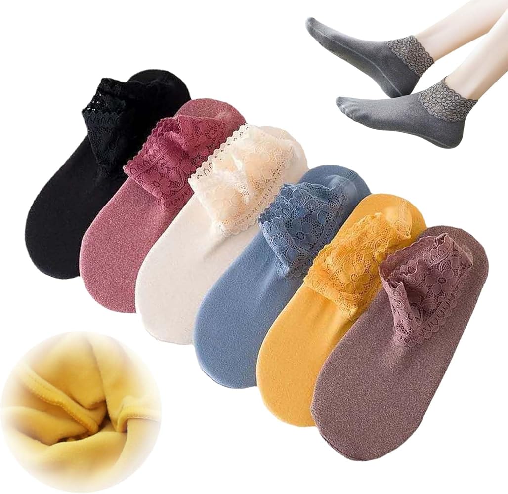 Lace Warmer Socks, 4/6/8Pairs Lace Frilly Socks Women, Warm Non-Slip Thick Lace Floor Socks Ankle Socks