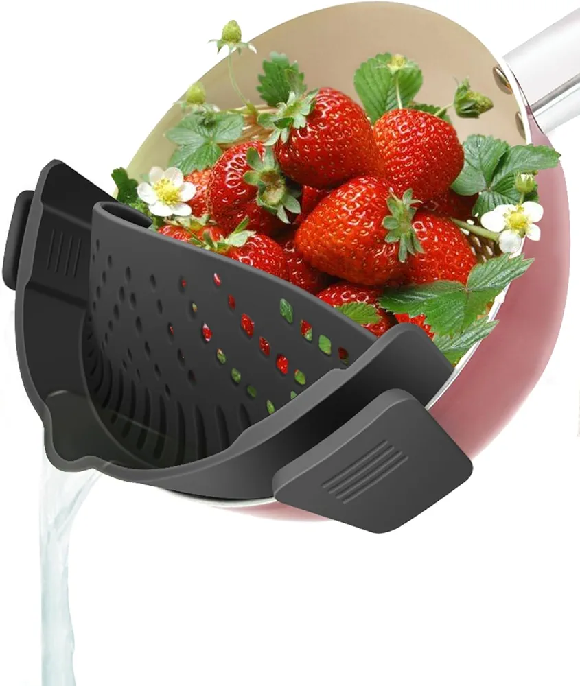 YEVIOR Clip on Strainer for Pots Pan Pasta Strainer, Silicone Food Strainer Hands-Free Pan Strainer, Clip-on Kitchen Food Strainer for Spaghetti, Pasta, Ground Beef Fits All Bowls and Pots (Black)