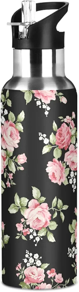 ALAZA Pink Rose Flower Floral Water Bottle with Straw Lid Vacuum Insulated Stainless Steel Thermo Flask Water Bottle 20oz