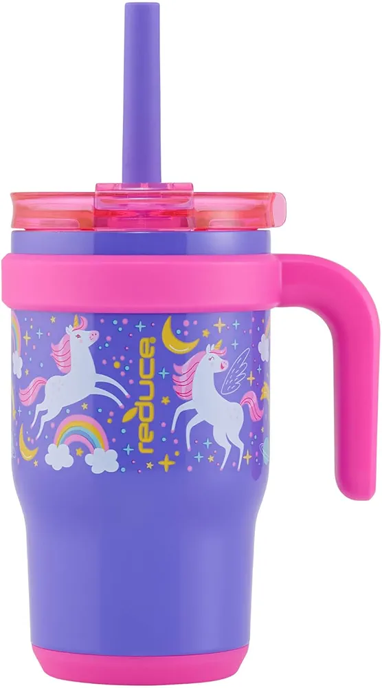 REDUCE 14 Oz Coldee Kids Tumbler with Lid and Straw - Coldee Insulated Travel Mug - Spill-Proof, Sweatproof Stainless Steel, BPA-Free - Includes Handle, Reusable Silicone Straw - Unicorn Magic
