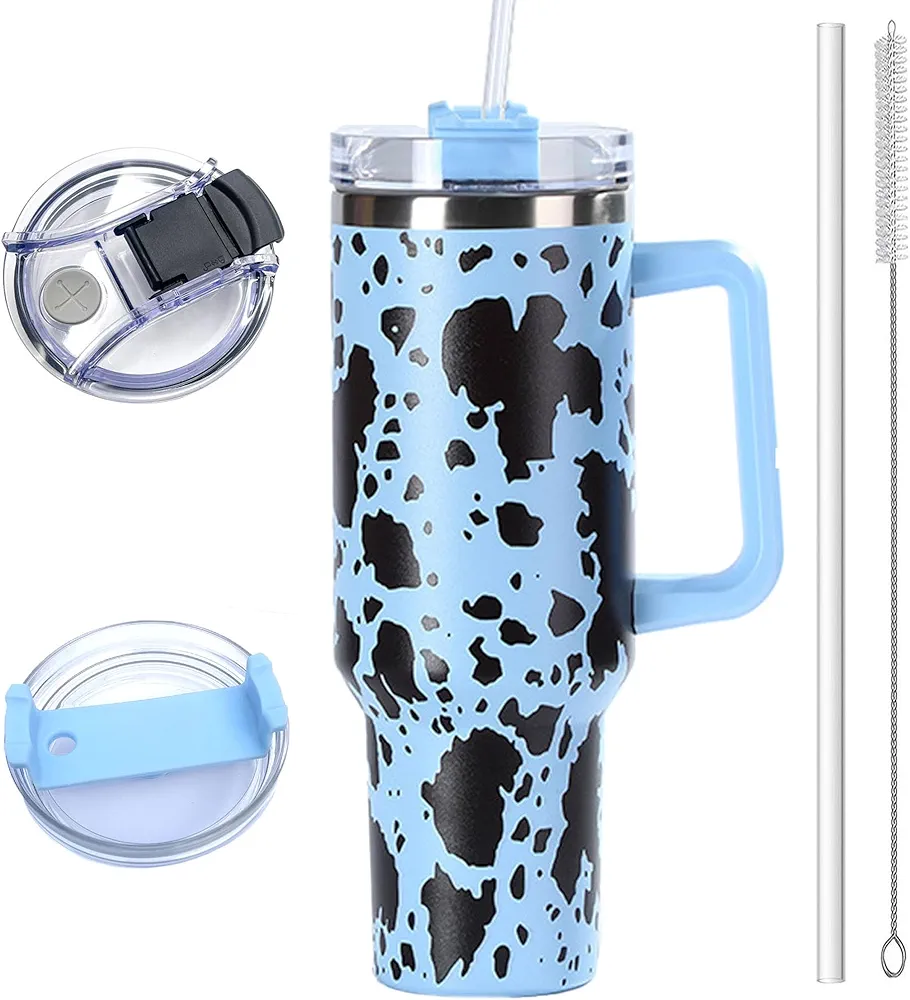 40 oz tumbler with handle and straw, leakproof tumbler with Lid and Straw stainless steel Vacuum insulated Tumbler Travel Coffee Mug (Blue Cow)